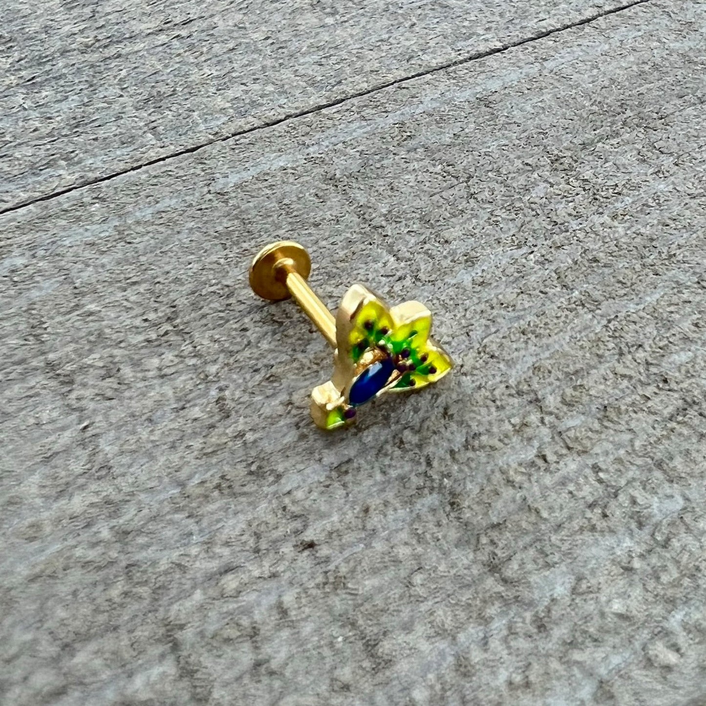 16G 5/16 Blue Gem Gold Tone Tropic Fan Labret Monroe Tragus