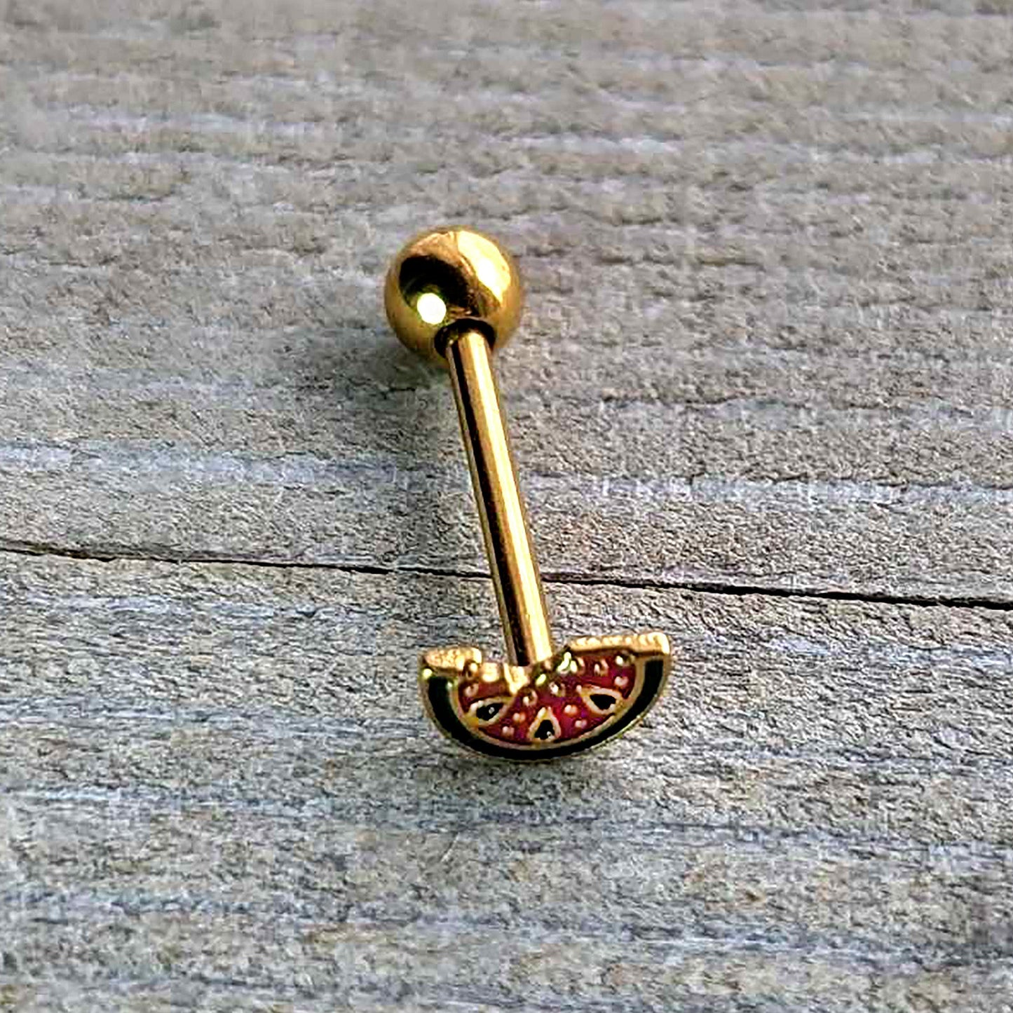Gold Tone Watermelon Bite Barbell Tongue Ring
