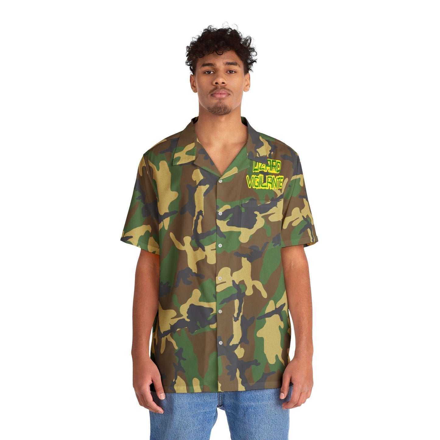 Lizard Vigilante Logoo Men's Green Camouflage Hawaiian Shirt - Lizard Vigilante