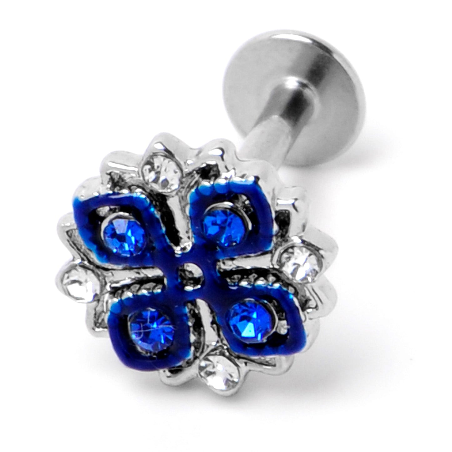 16G 5/16 Blue Clear Gem Embellished Cross Labret Monroe Tragus