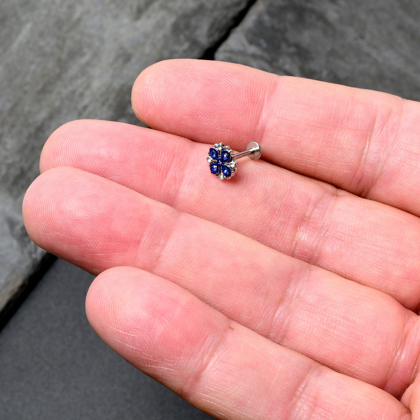 16G 5/16 Blue Clear Gem Embellished Cross Labret Monroe Tragus