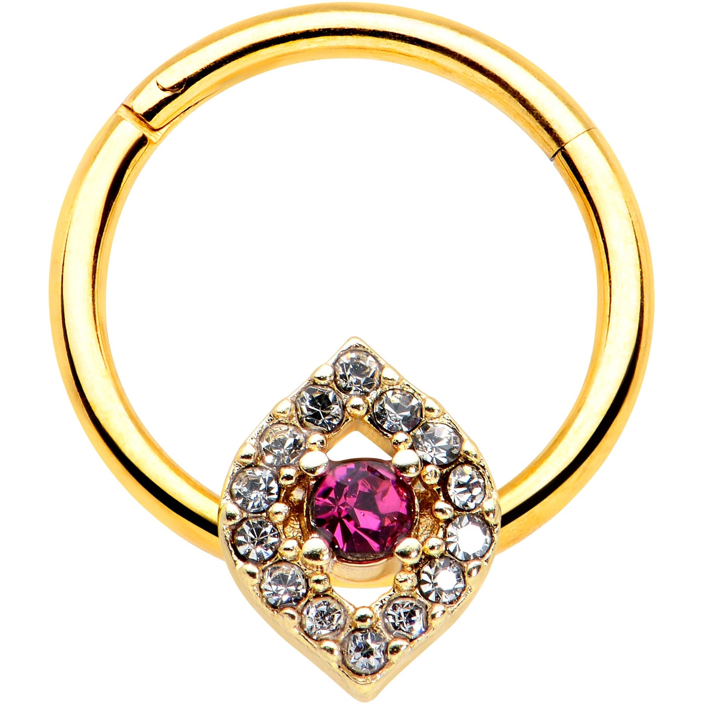 16G 3/8 Clear Pink Gem Gold Tone Open Eye Hinged Segment Ring