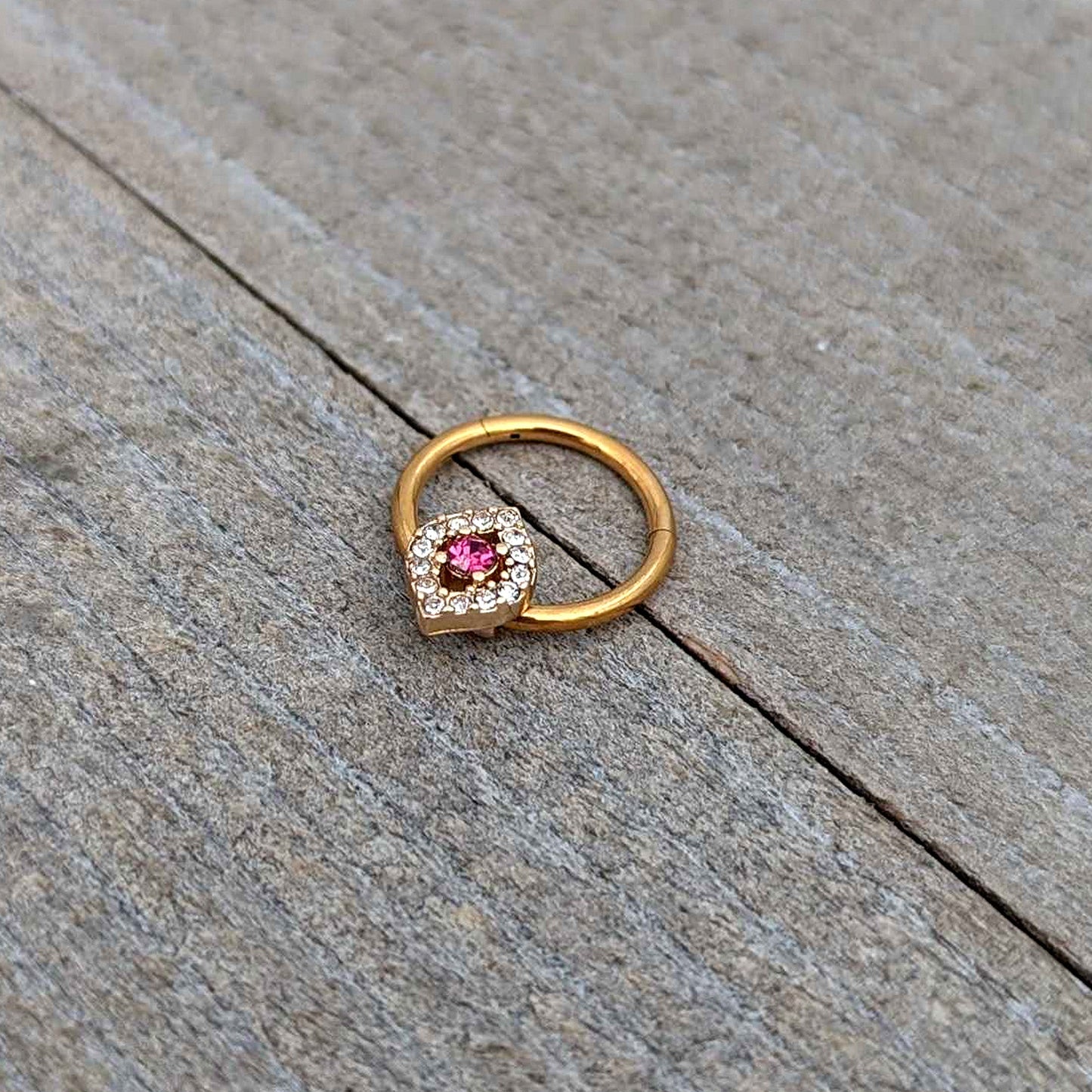 16G 3/8 Clear Pink Gem Gold Tone Open Eye Hinged Segment Ring