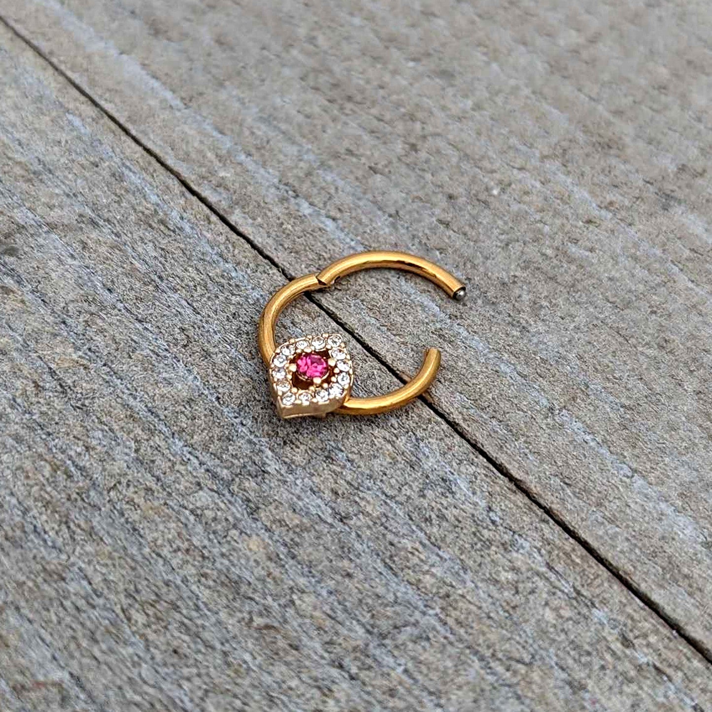 16G 3/8 Clear Pink Gem Gold Tone Open Eye Hinged Segment Ring