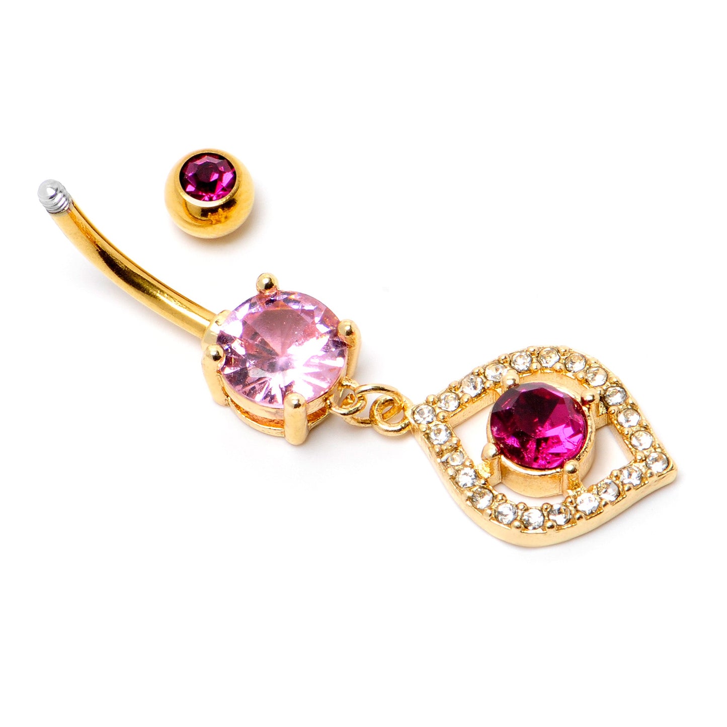 Clear Pink Gem Gold Tone Open Eye Dangle Belly Ring