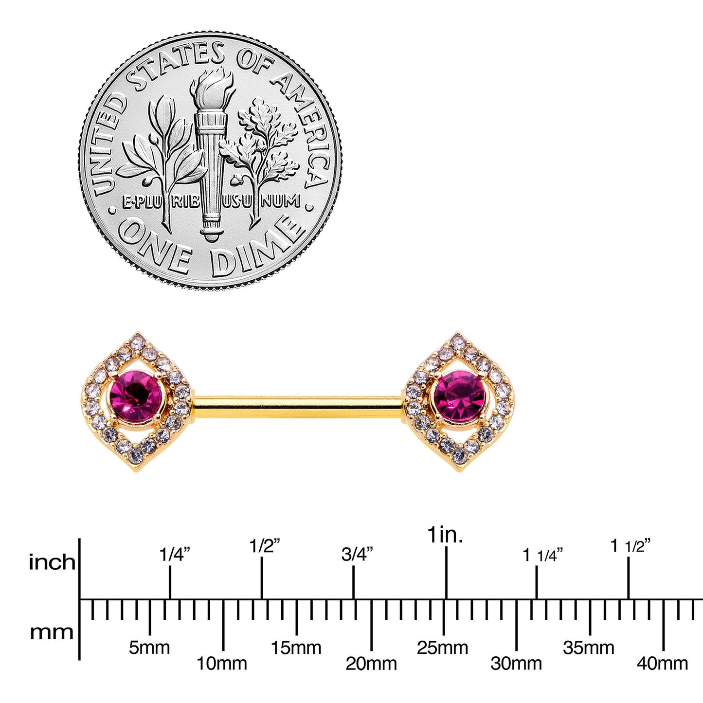 14G 9/16 Clear Pink Gem Gold Tone Open Eye Barbell Nipple Ring Set