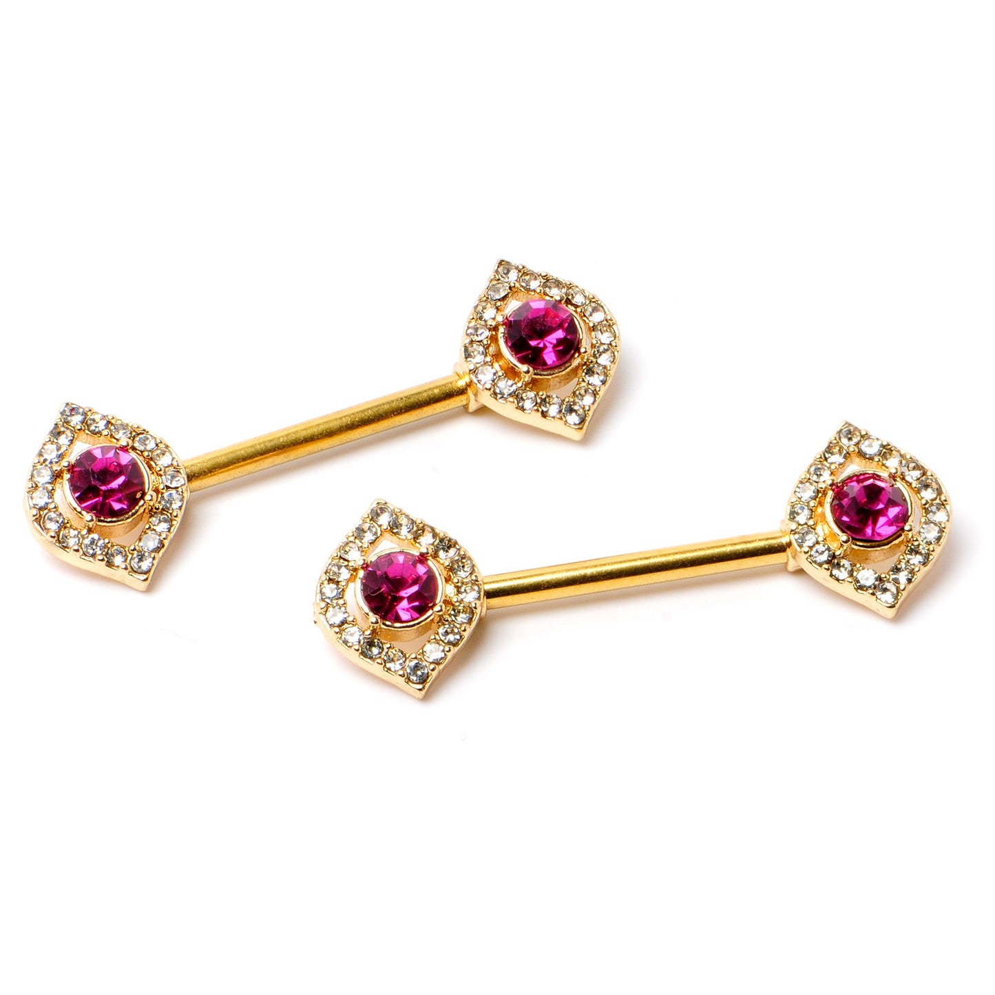 14G 9/16 Clear Pink Gem Gold Tone Open Eye Barbell Nipple Ring Set