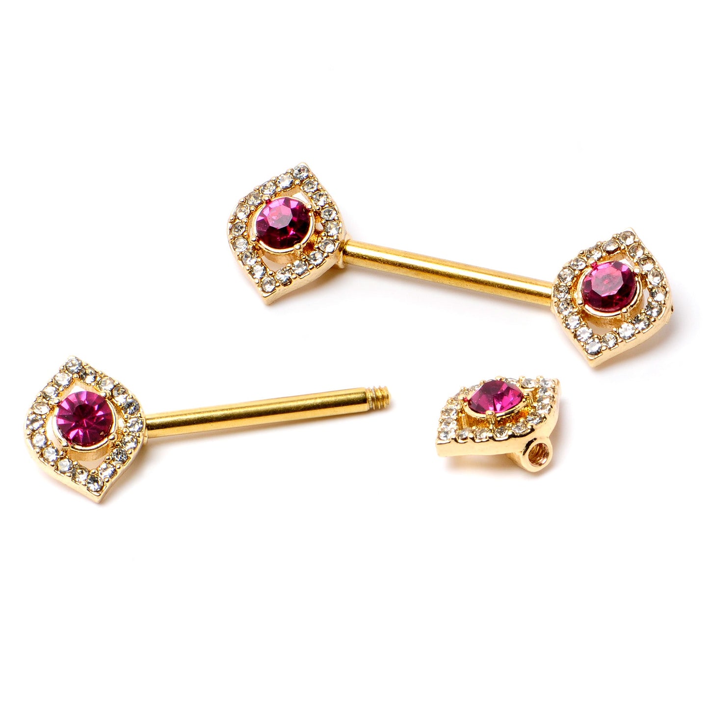 14G 9/16 Clear Pink Gem Gold Tone Open Eye Barbell Nipple Ring Set