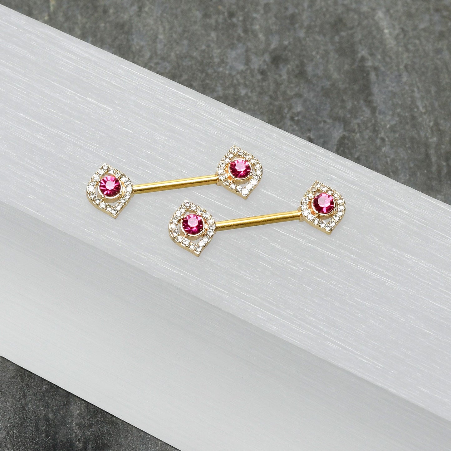 14G 9/16 Clear Pink Gem Gold Tone Open Eye Barbell Nipple Ring Set