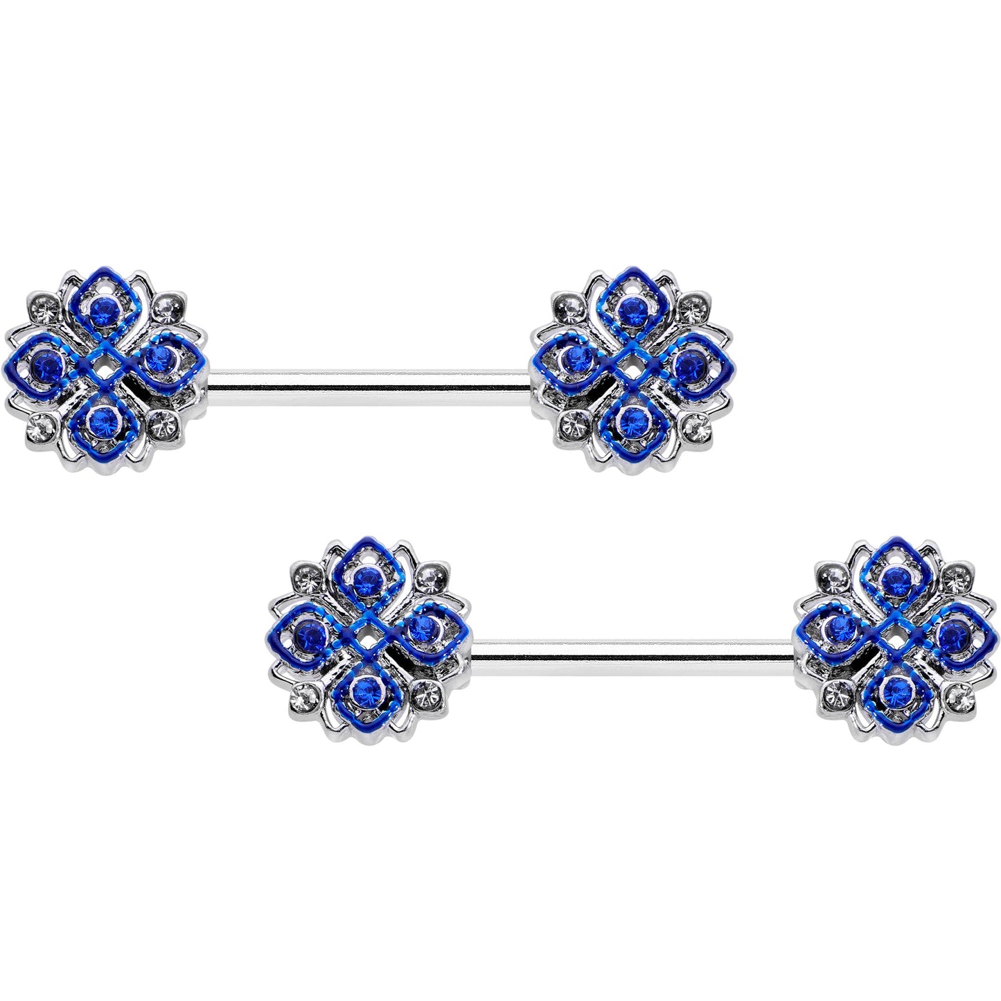 14G 9/16 Clear Blue Gem Embellished Cross Barbell Nipple Ring Set