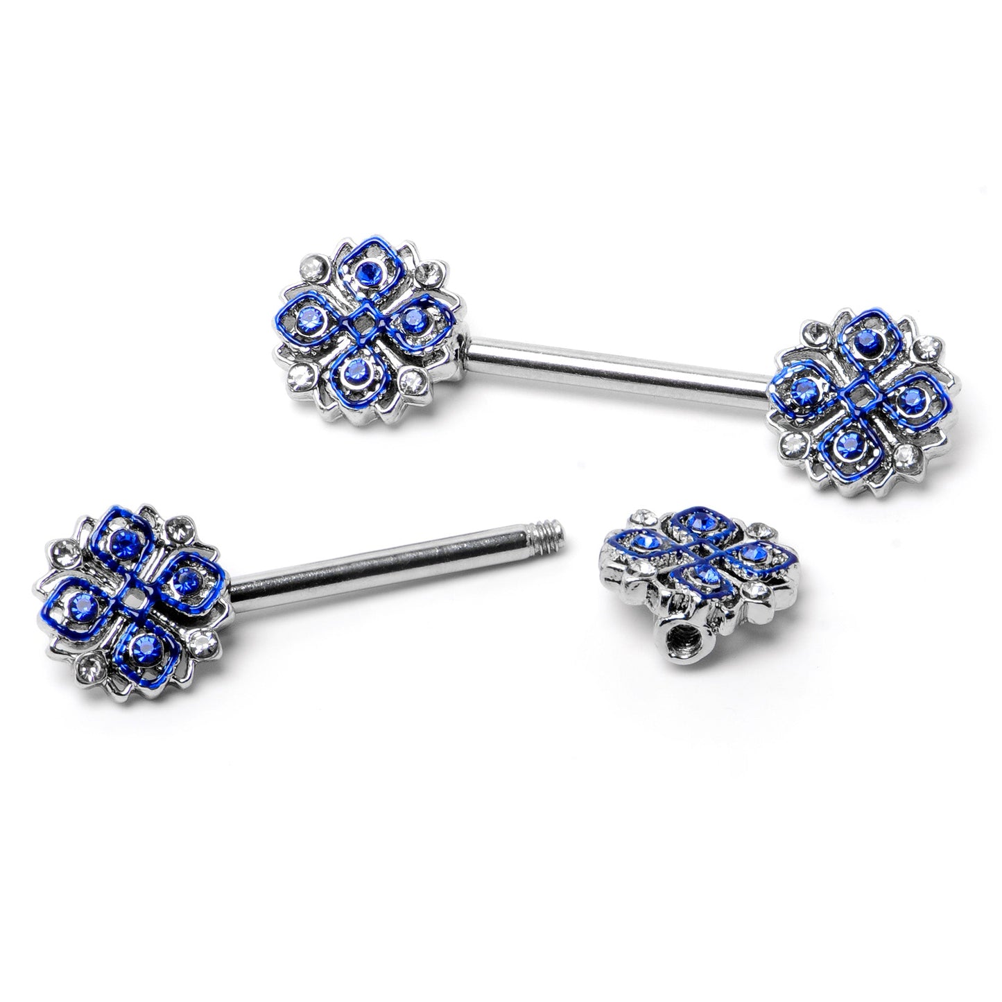 14G 9/16 Clear Blue Gem Embellished Cross Barbell Nipple Ring Set