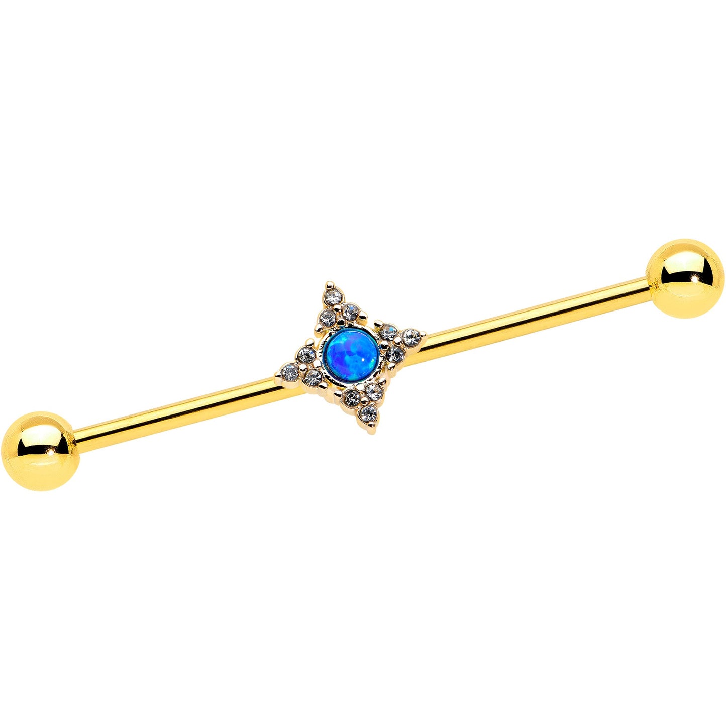 14G Blue Synthetic Opal Gold Tone Rhombus Industrial Barbell 38mm