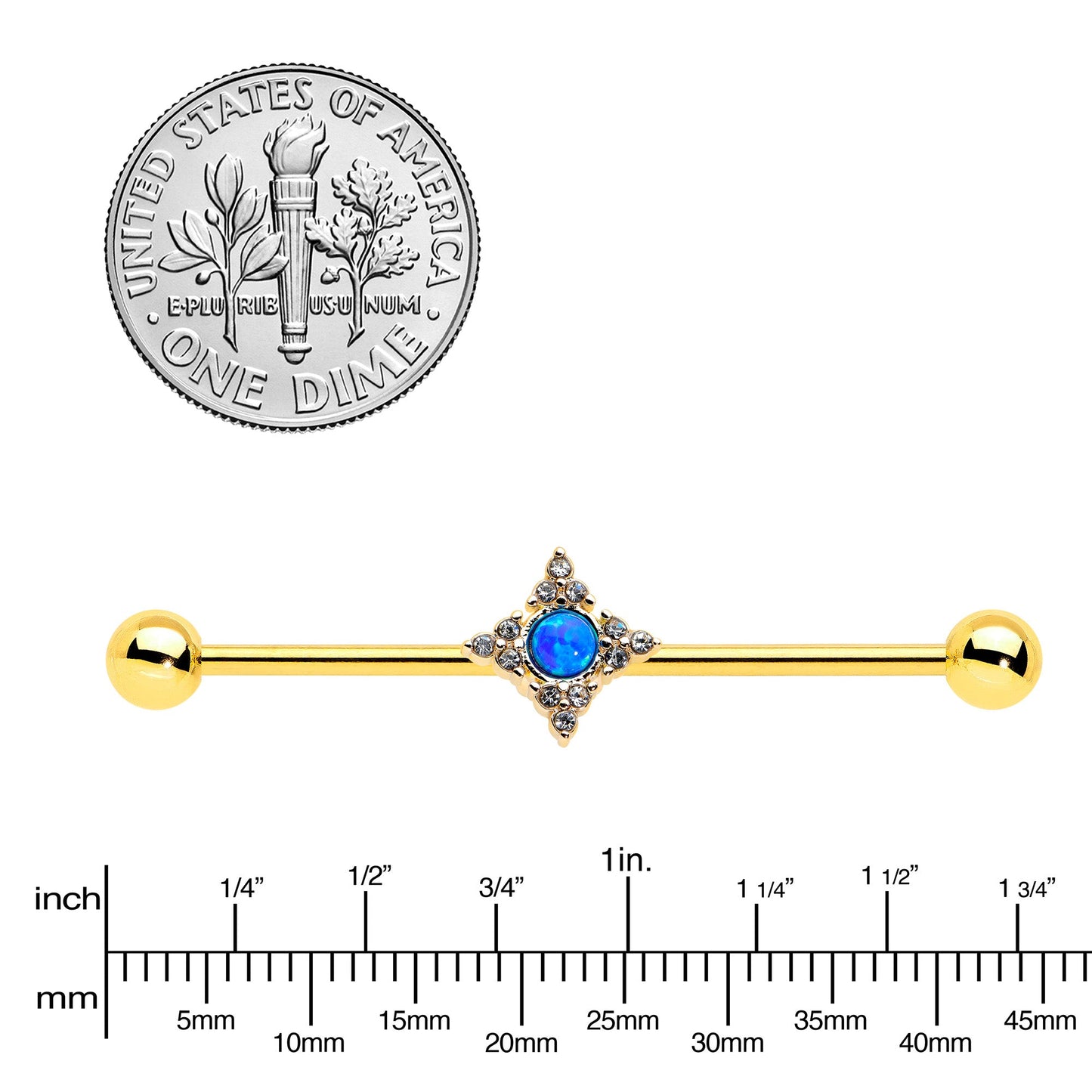 14G Blue Synthetic Opal Gold Tone Rhombus Industrial Barbell 38mm