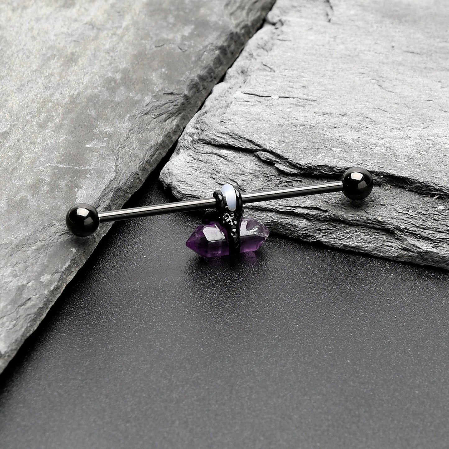 14G Purple Amethyst Black Claw Industrial Barbell 38mm