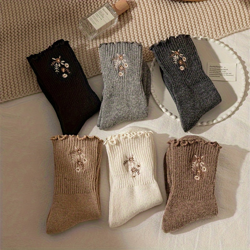 6 Pairs Floral Embroidery Socks, Comfy & Soft Lettuce Trim Socks, Women's Stockings & Hosiery