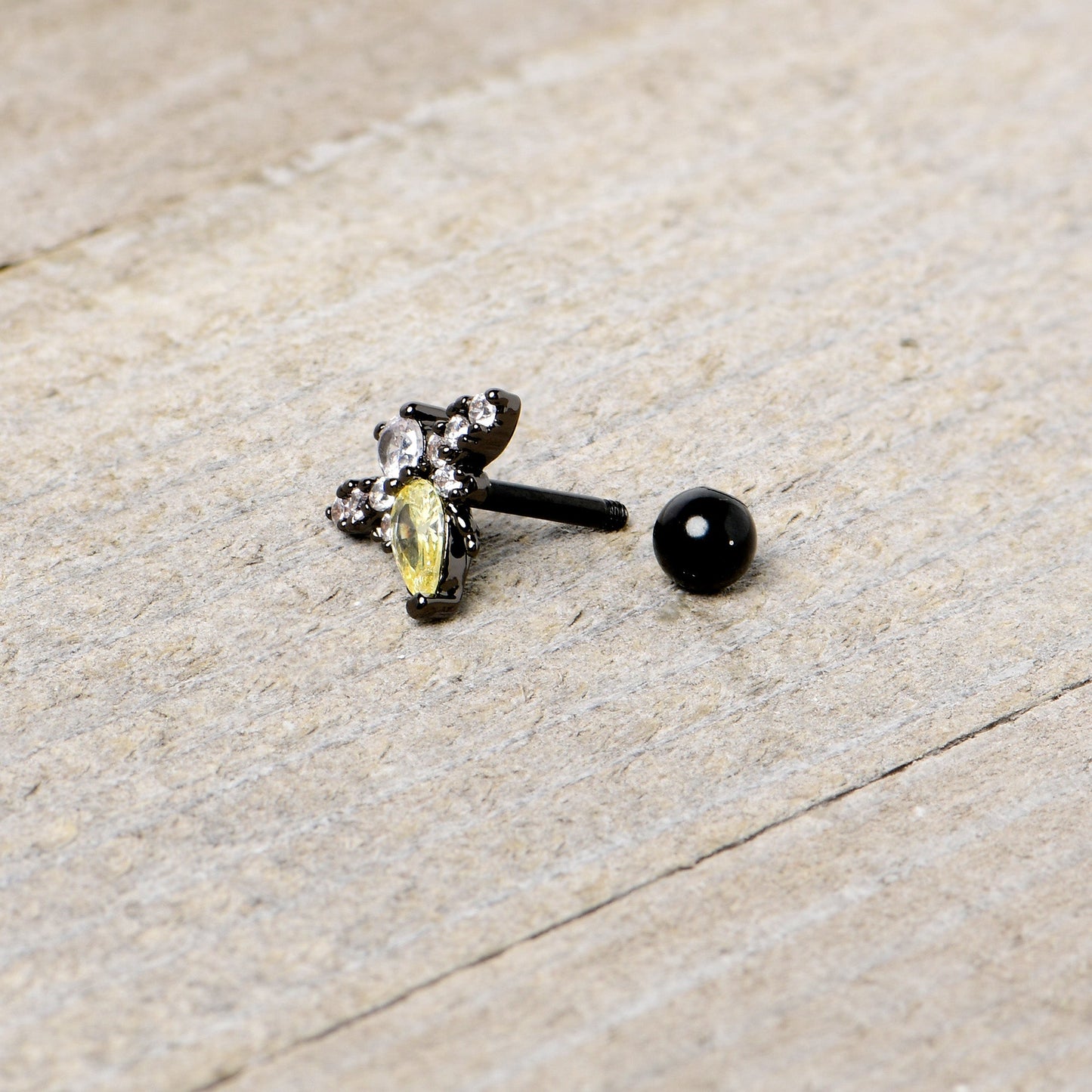 16G 1/4 Clear Yellow Gem Black Butterfly Cartilage Tragus Earring