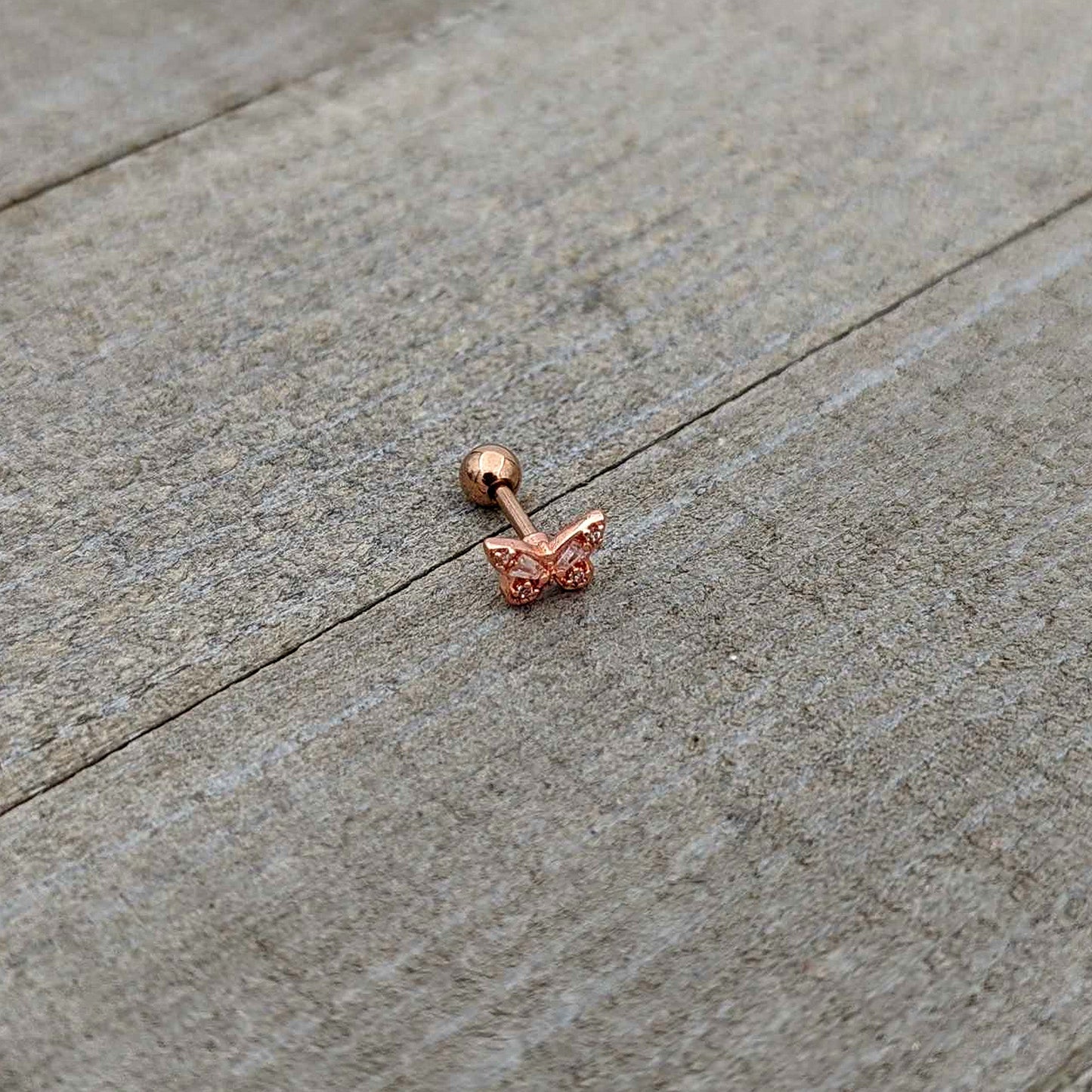 16G 1/4 Clear Gem Rosy Tone Opulent Butterfly Cartilage Earring