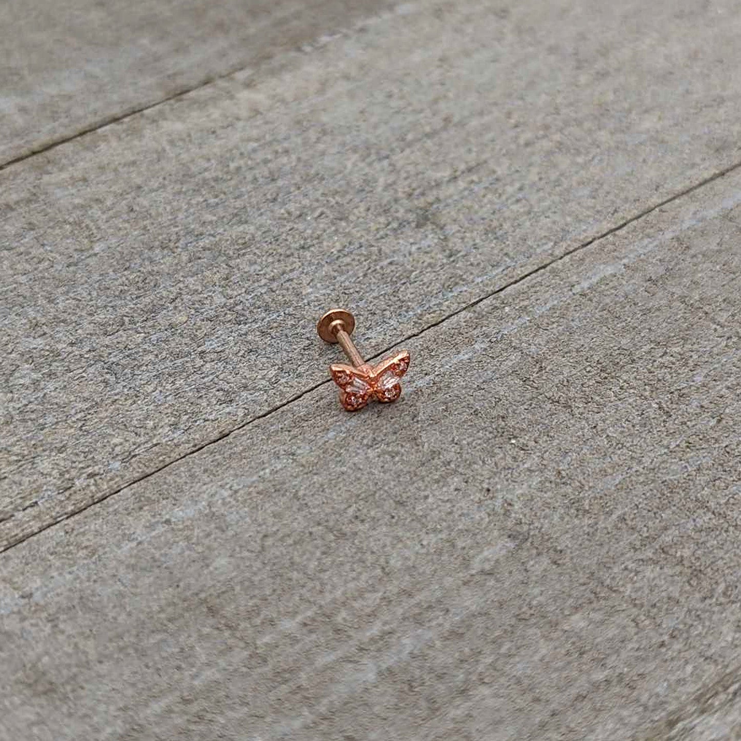 16G 5/16 Clear Gem Rose Gold Tone Opulent Butterfly Labret Tragus