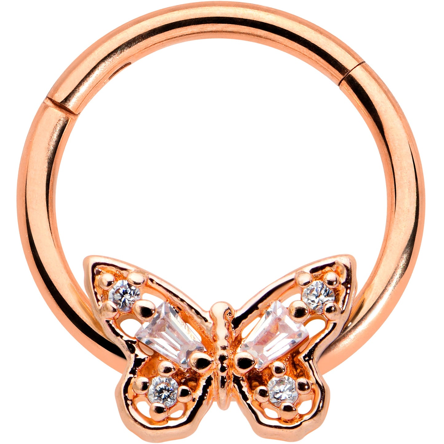 16G 3/8 Clear Gem Rosy Tone Baroque Butterfly Hinged Segment Ring