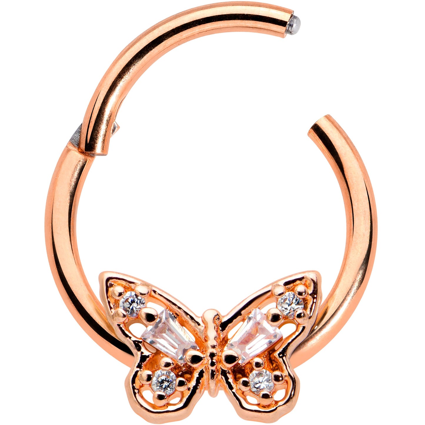 16G 3/8 Clear Gem Rosy Tone Baroque Butterfly Hinged Segment Ring