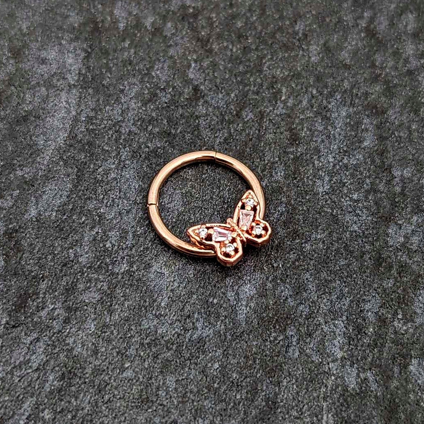 16G 3/8 Clear Gem Rosy Tone Baroque Butterfly Hinged Segment Ring