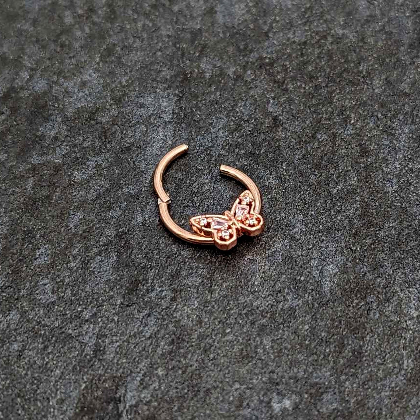 16G 3/8 Clear Gem Rosy Tone Baroque Butterfly Hinged Segment Ring