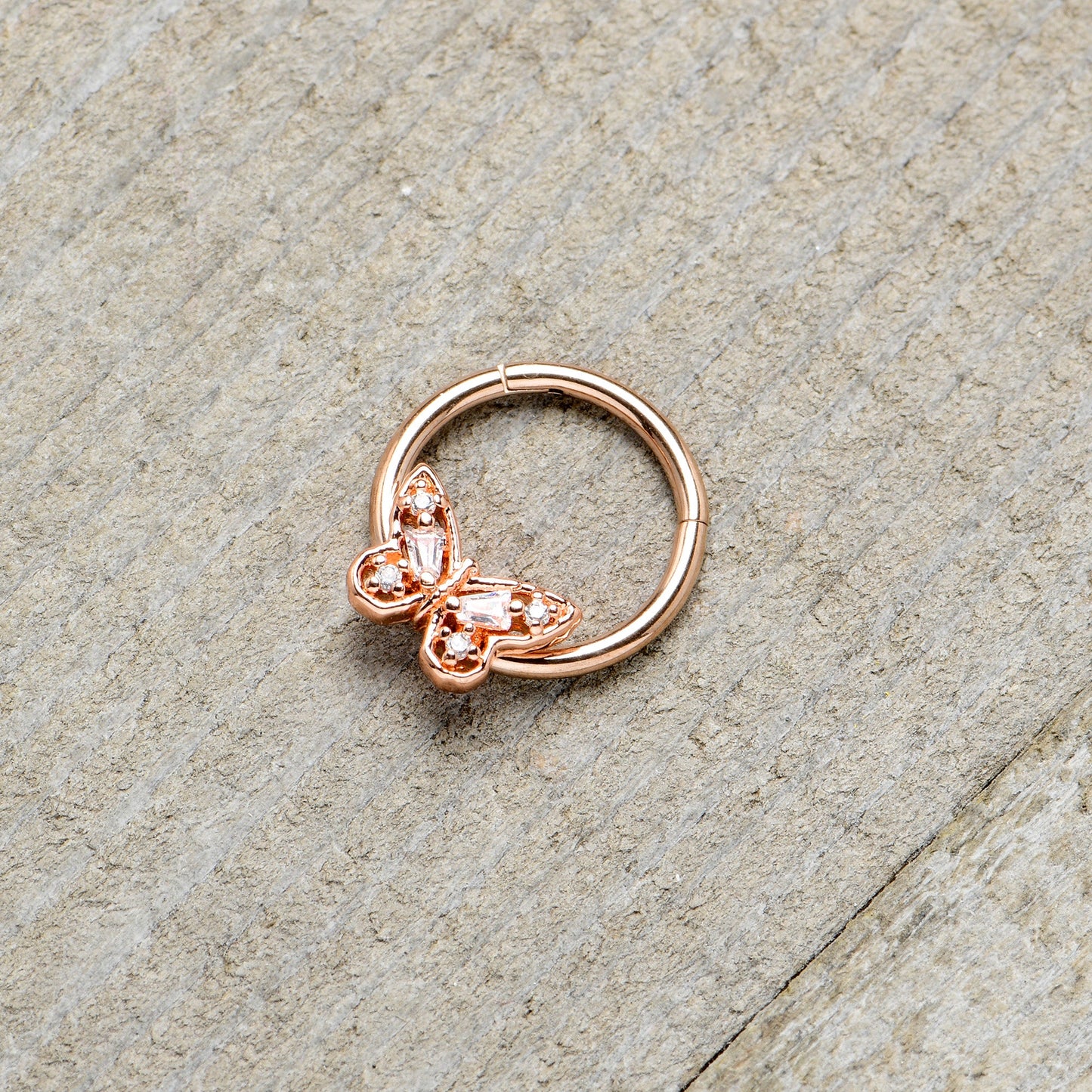 16G 3/8 Clear Gem Rosy Tone Baroque Butterfly Hinged Segment Ring