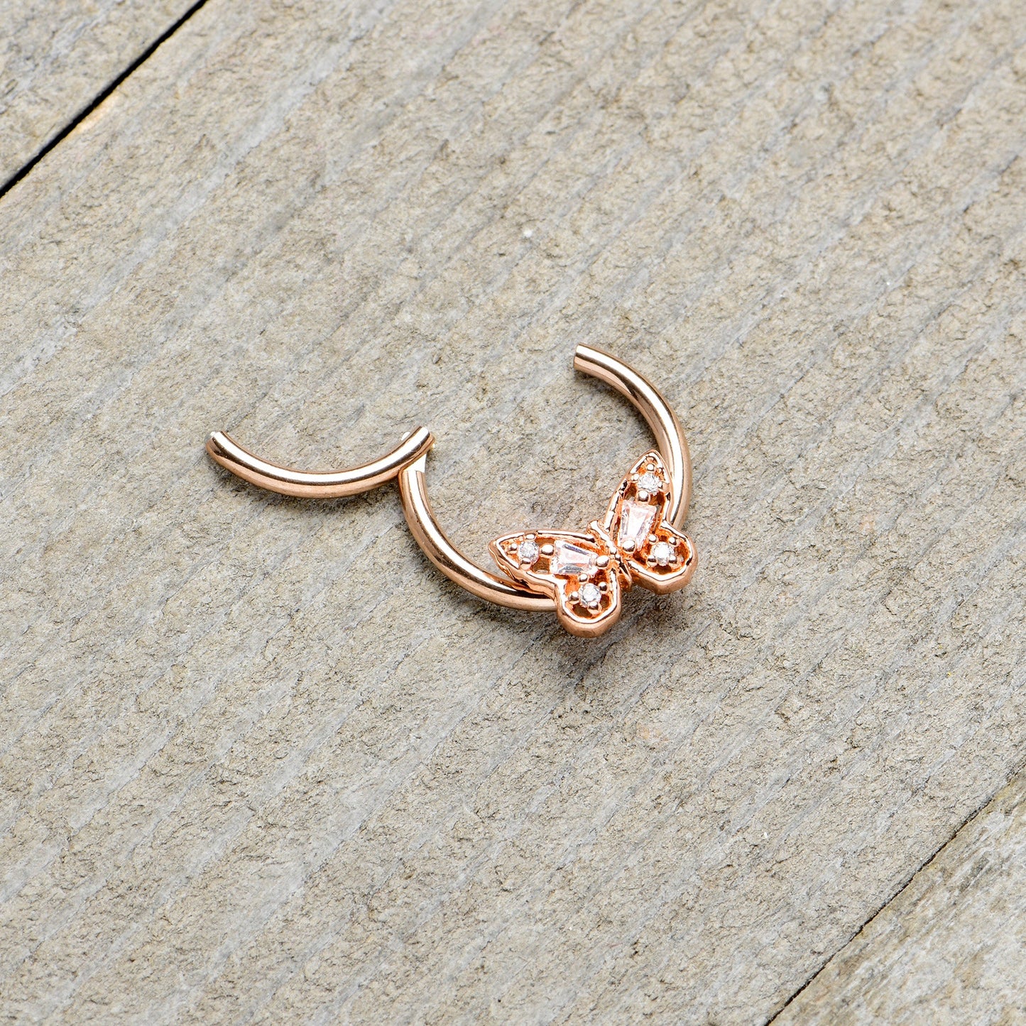 16G 3/8 Clear Gem Rosy Tone Baroque Butterfly Hinged Segment Ring