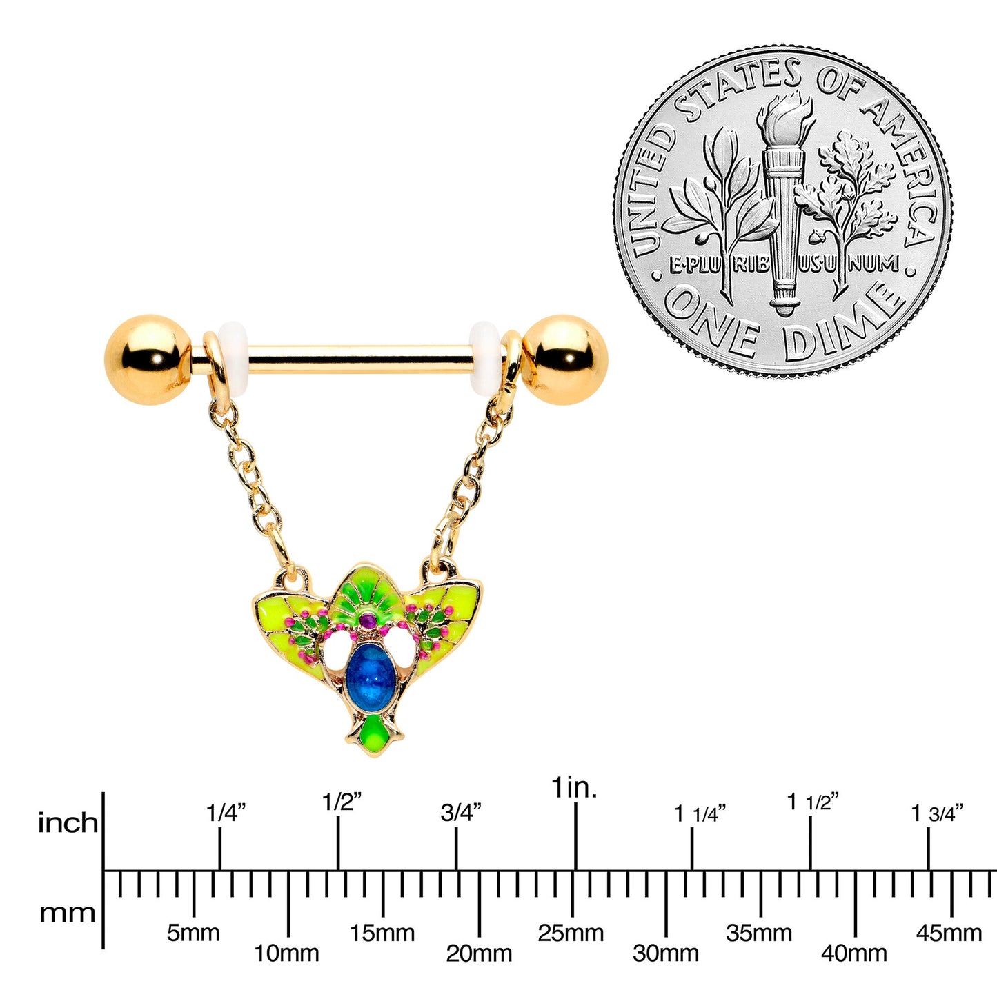 14G 9/16 Blue Gem Gold Hue Tropic Fan Chain Dangle Nipple Ring Set