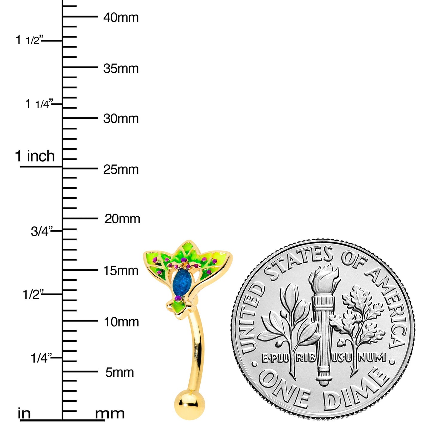 16G 5/16 Blue Gem Gold Tone Tropic Fan Curved Eyebrow Ring