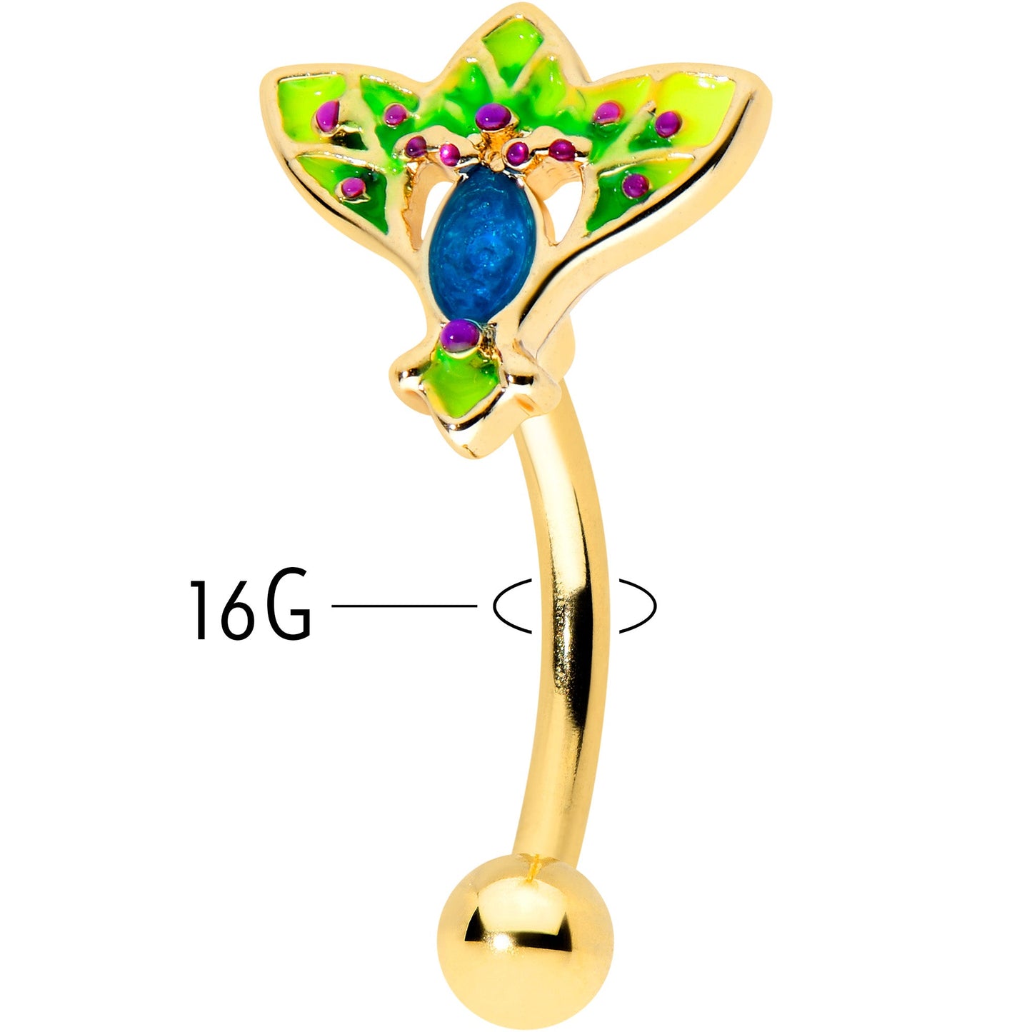 16G 5/16 Blue Gem Gold Tone Tropic Fan Curved Eyebrow Ring