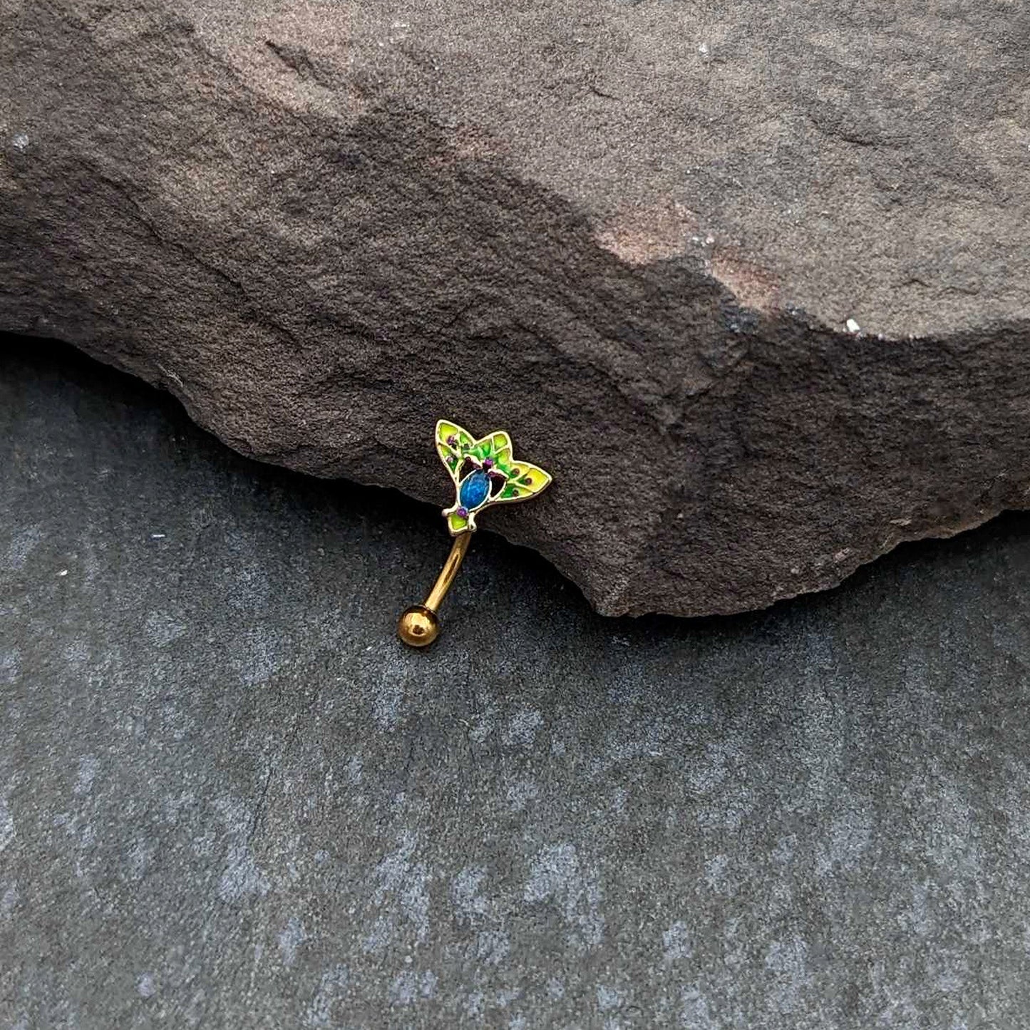 16G 5/16 Blue Gem Gold Tone Tropic Fan Curved Eyebrow Ring