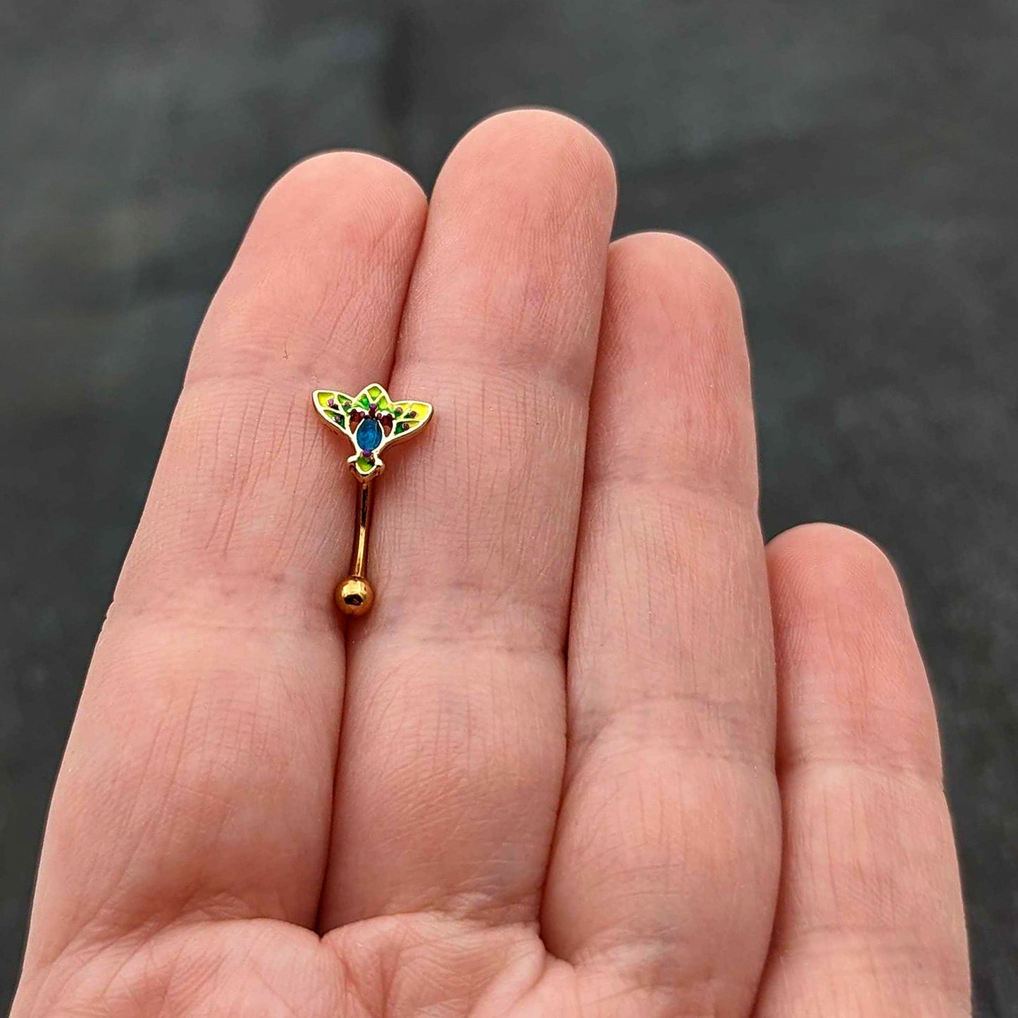 16G 5/16 Blue Gem Gold Tone Tropic Fan Curved Eyebrow Ring