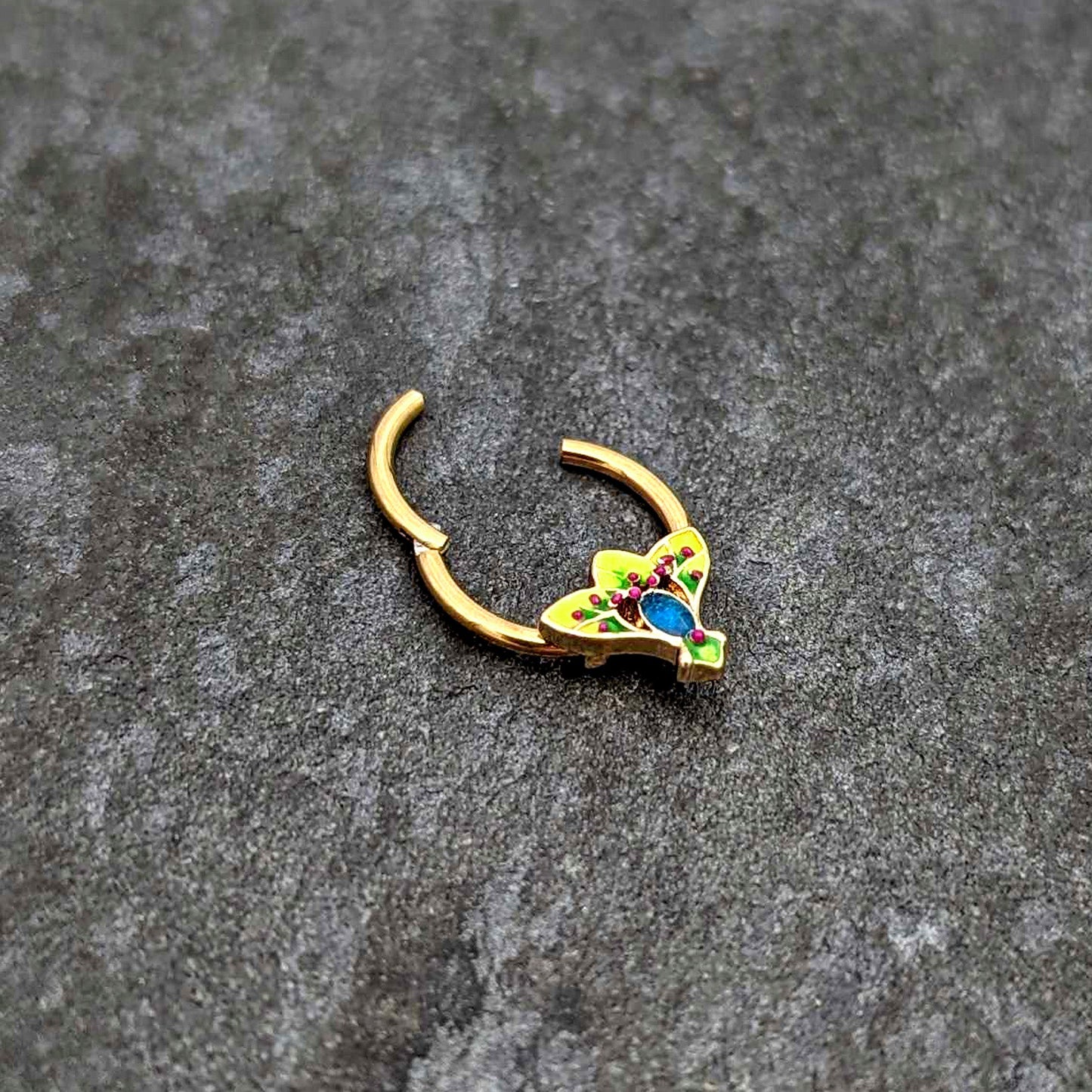 16G 3/8 Blue Gem Gold Tone Tropic Fan Hinged Segment Ring