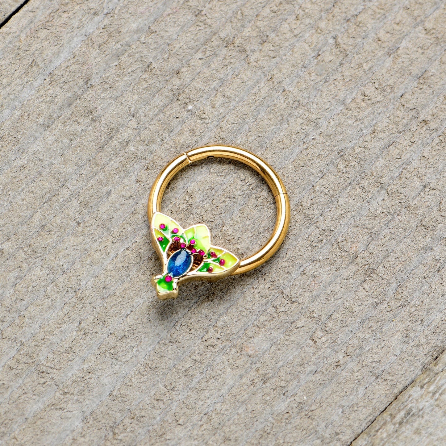 16G 3/8 Blue Gem Gold Tone Tropic Fan Hinged Segment Ring