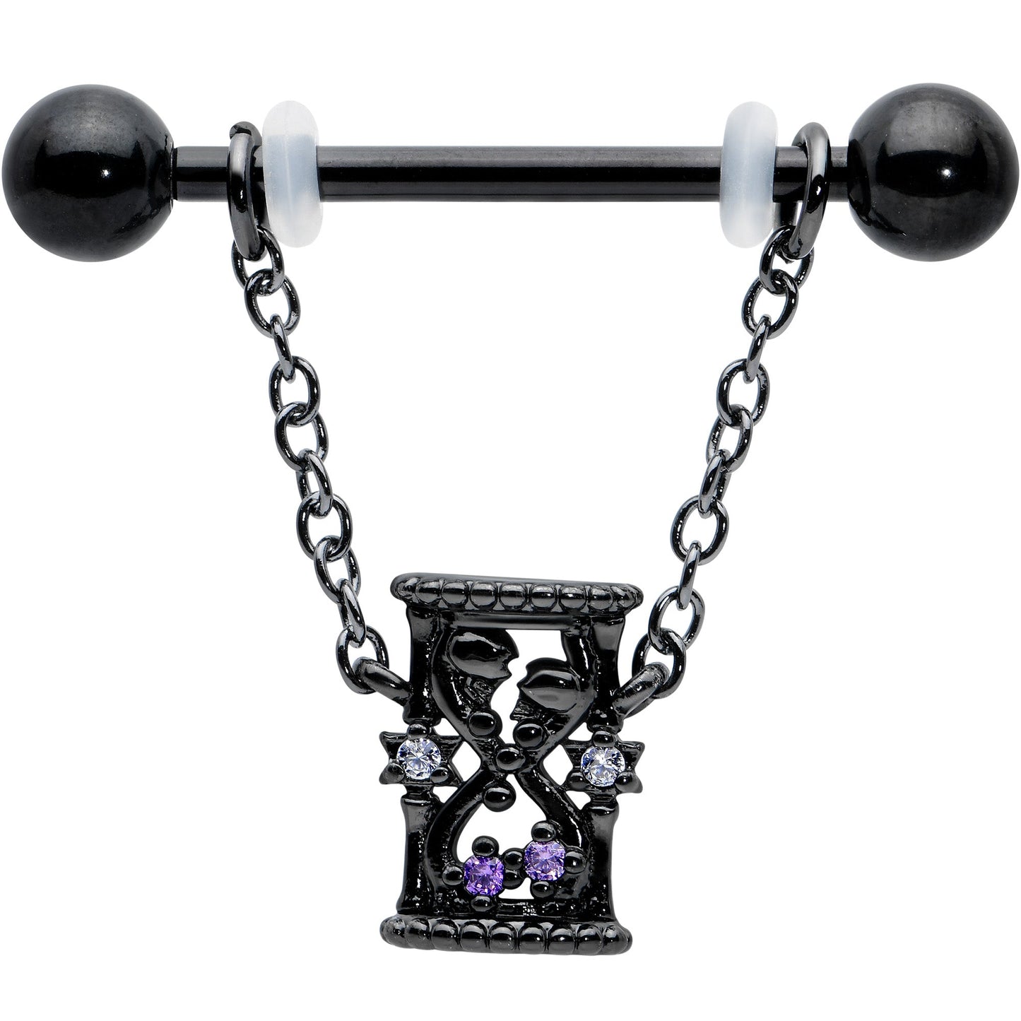 14G 5/8 Purple Gem Black Goth Hourglass Chain Dangle Nipple Ring Set