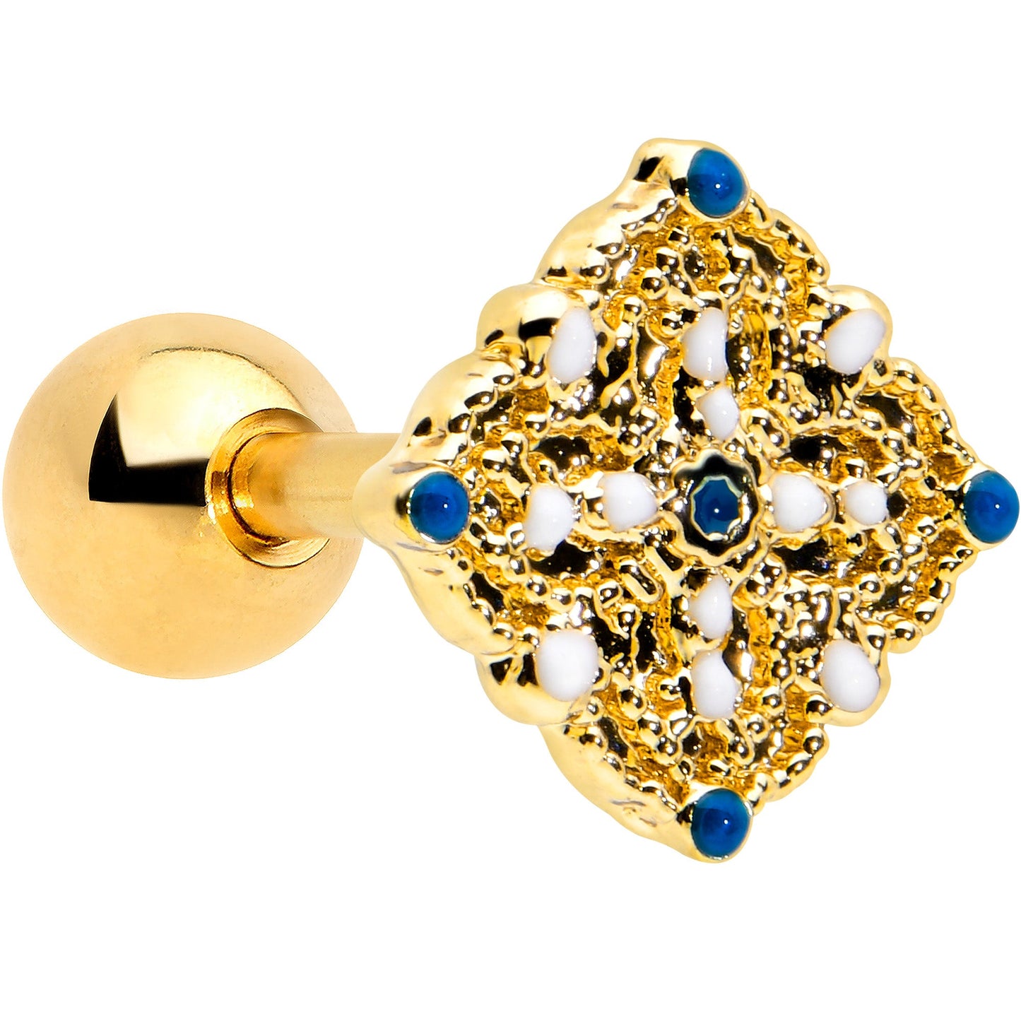 16G 1/4 Blue Gem Gold Tone Lacy Rhombus Cartilage Tragus Earring