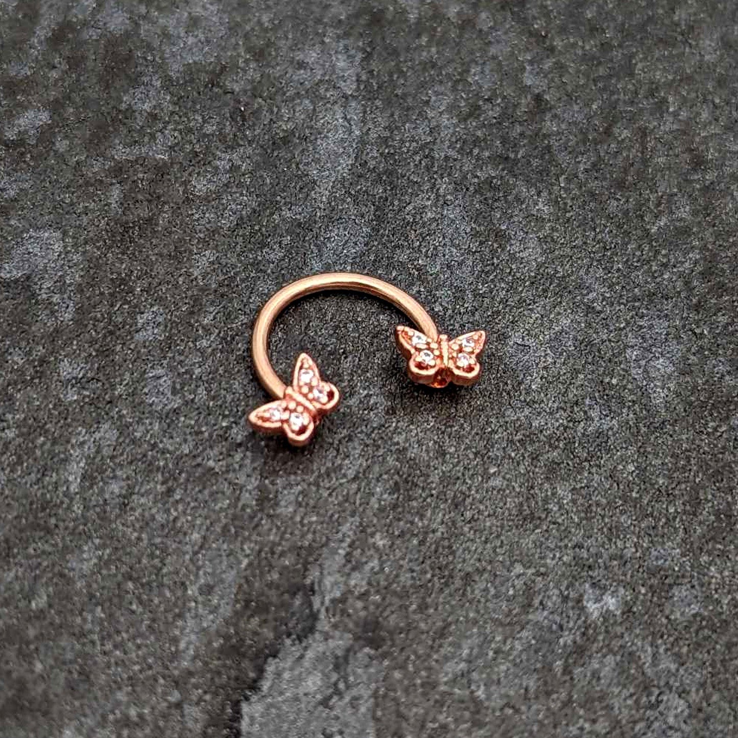 16G 3/8 Clear Gem Rosy Tone Butterfly Horseshoe Circular Barbell