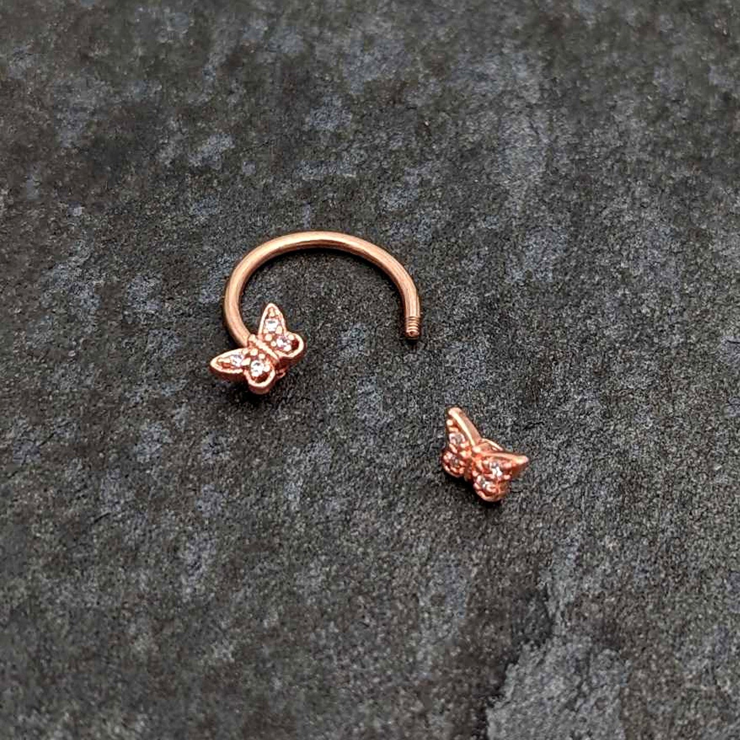 16G 3/8 Clear Gem Rosy Tone Butterfly Horseshoe Circular Barbell