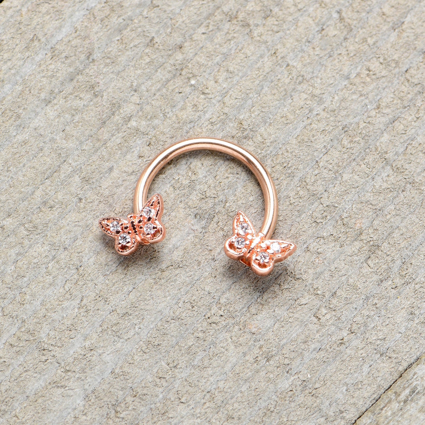 16G 3/8 Clear Gem Rosy Tone Butterfly Horseshoe Circular Barbell