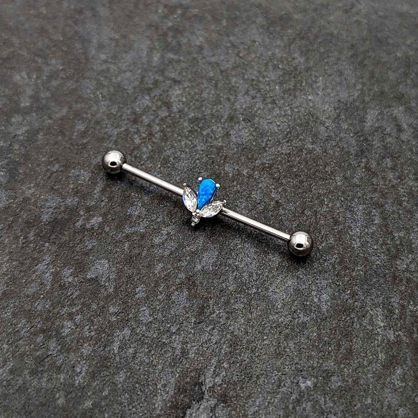 14G Blue Faux Opal Style Flower Industrial Barbell 38mm