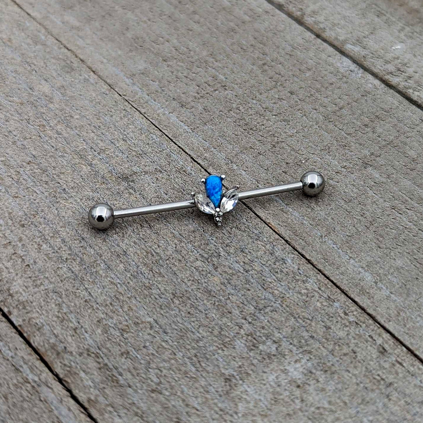14G Blue Faux Opal Style Flower Industrial Barbell 38mm