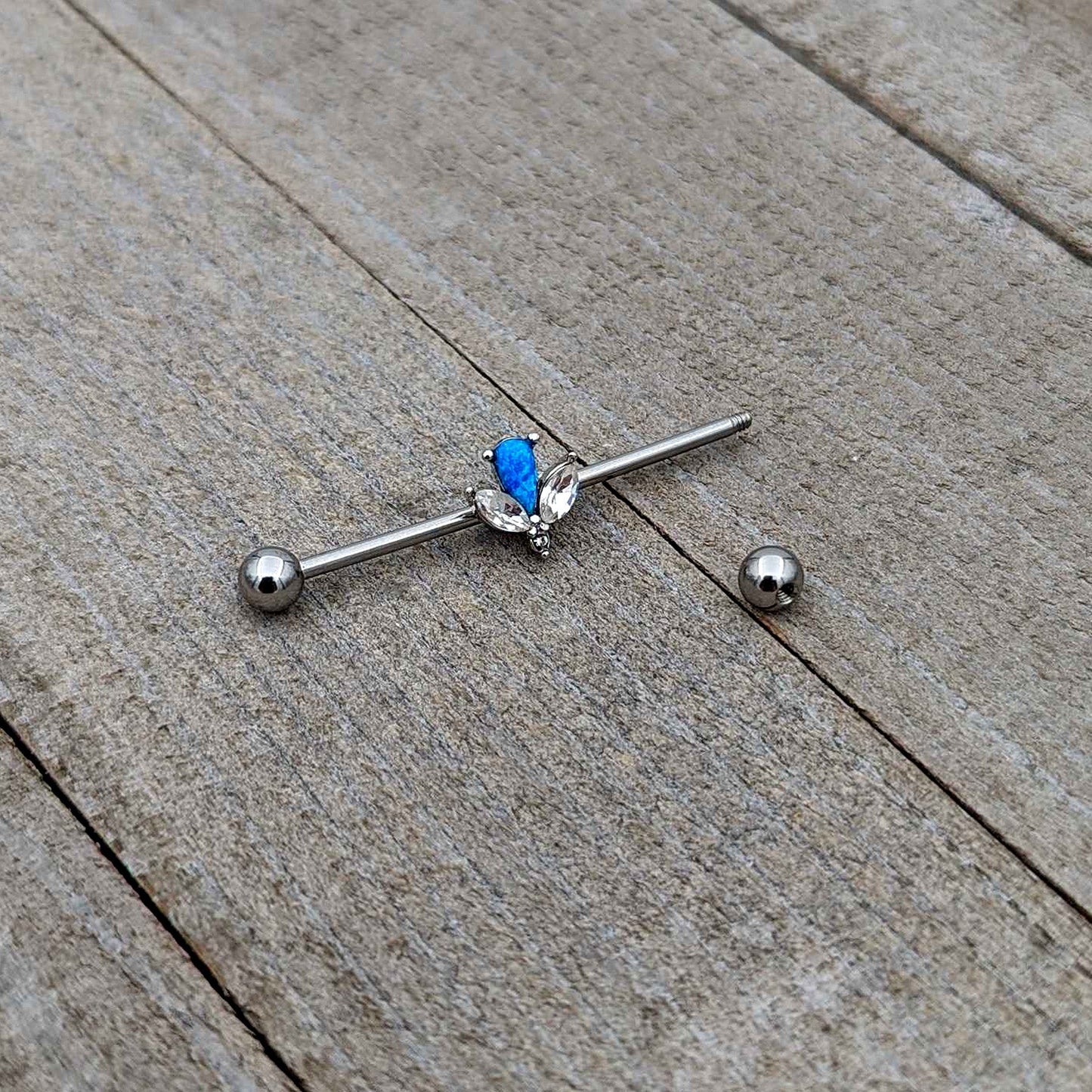 14G Blue Faux Opal Style Flower Industrial Barbell 38mm