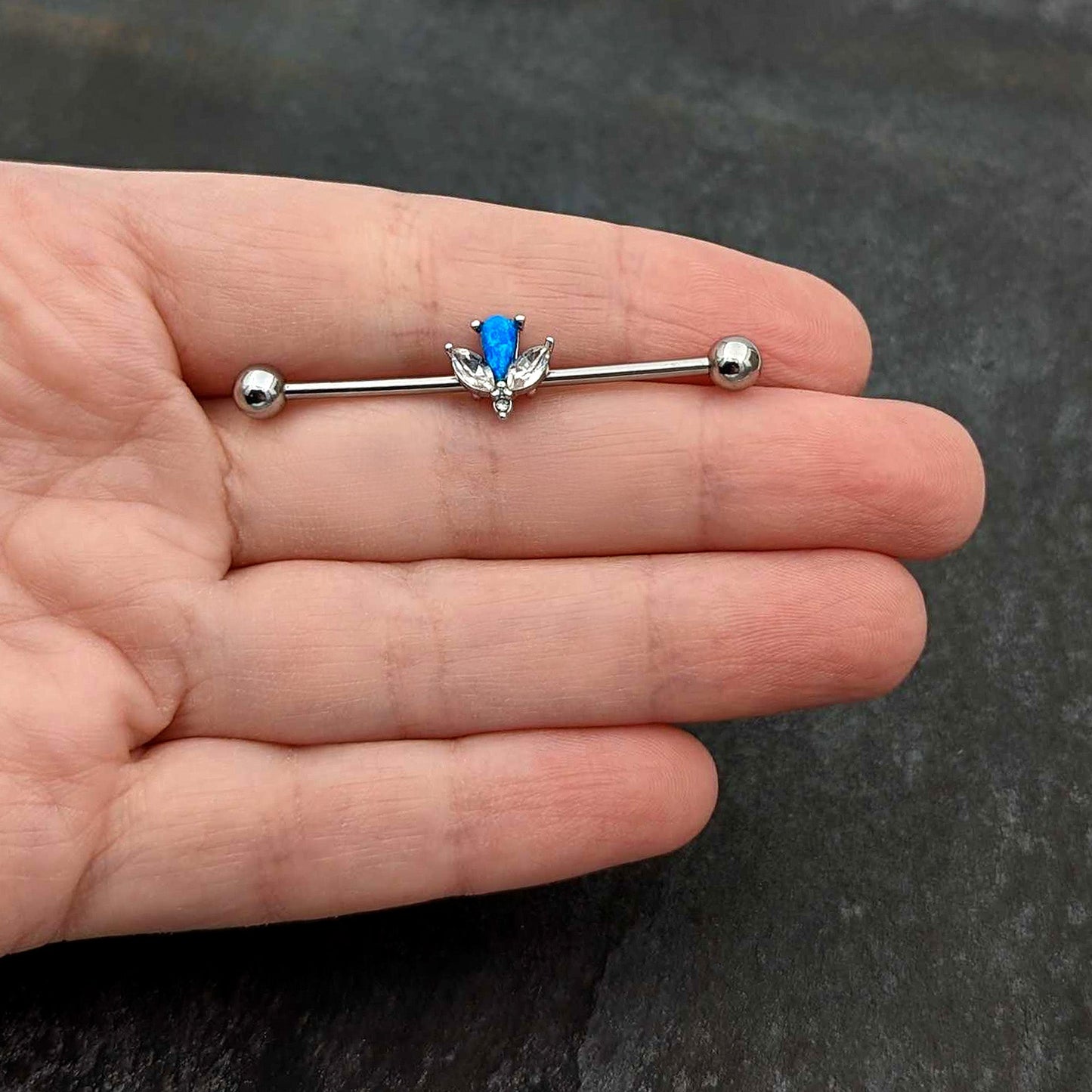 14G Blue Faux Opal Style Flower Industrial Barbell 38mm