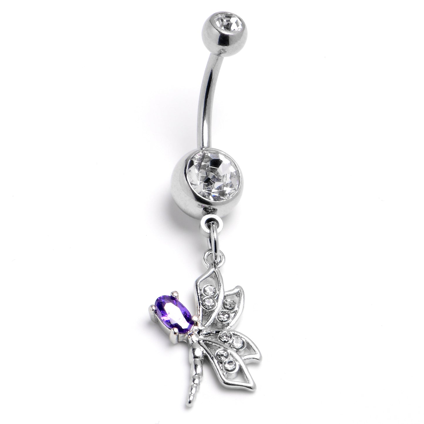 Purple Clear Gem Divine Dragonfly Dangle Belly Ring