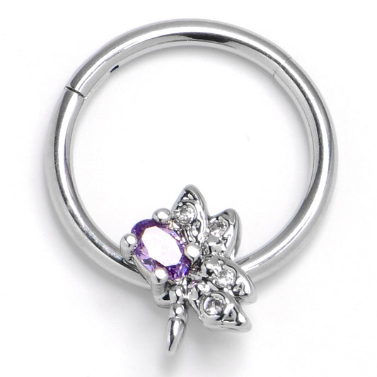 16G 3/8 Purple Gem Divine Dragonfly Hinged Segment Ring