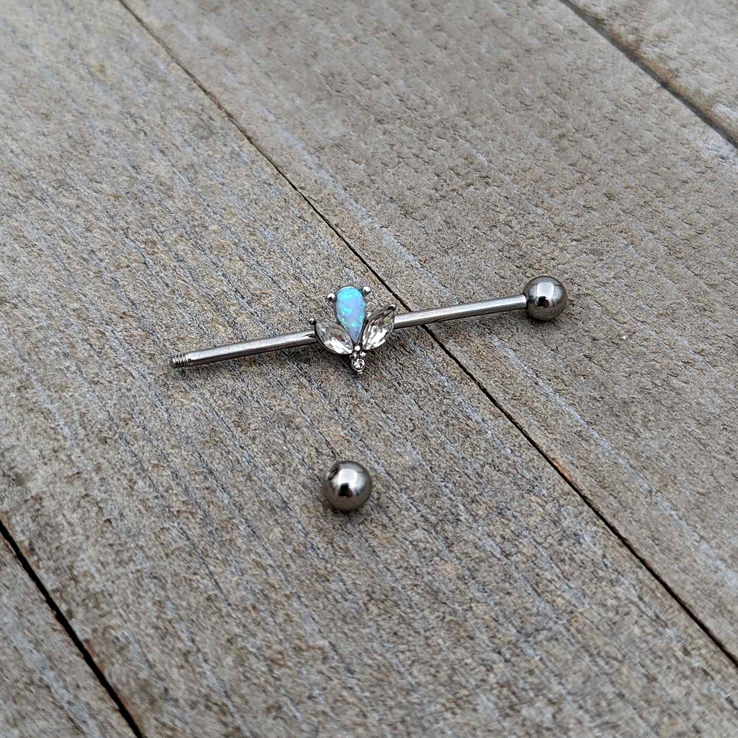14G White Faux Opal Style Flower Industrial Barbell 38mm