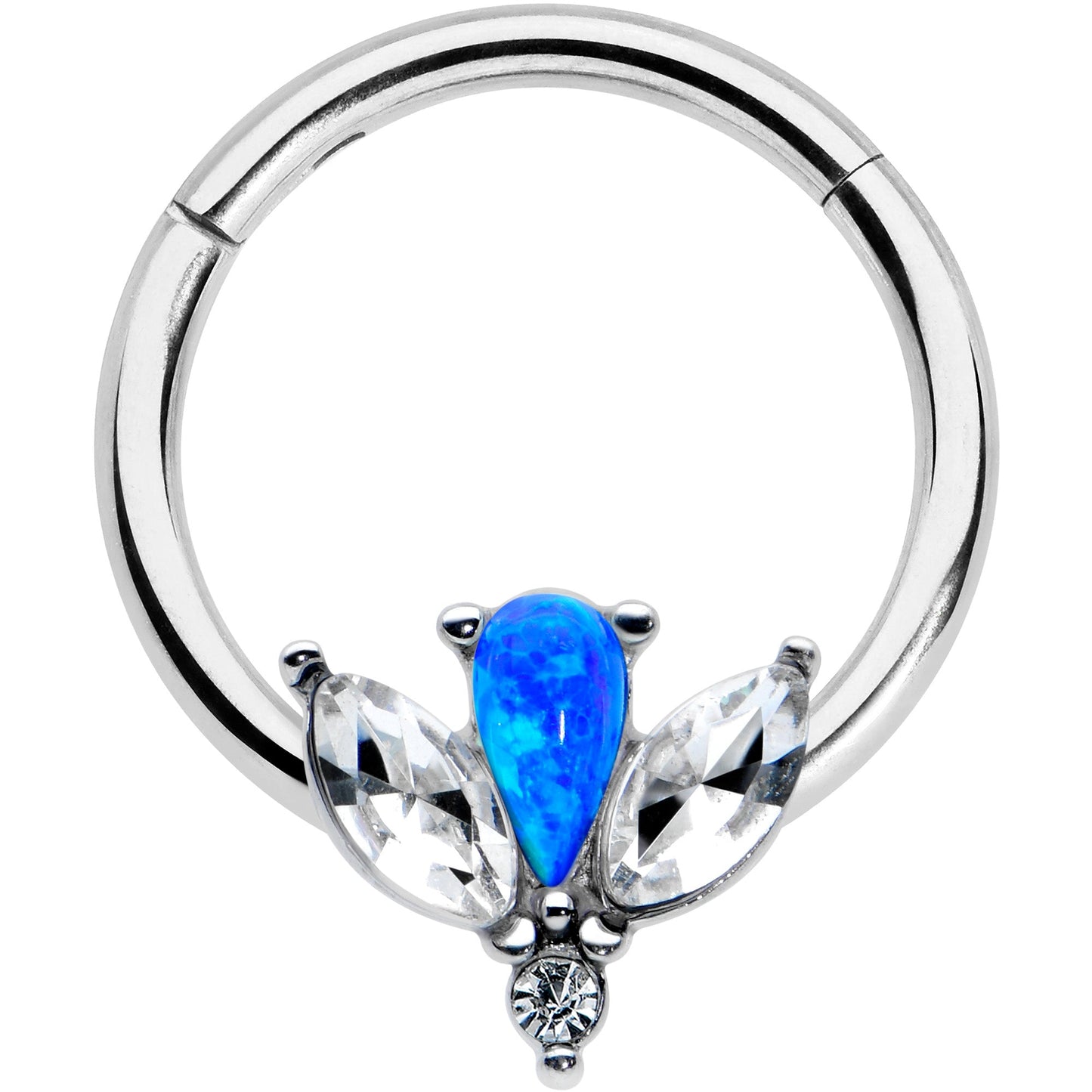 16G 3/8 Blue Faux Opal Style Flower Hinged Segment Ring