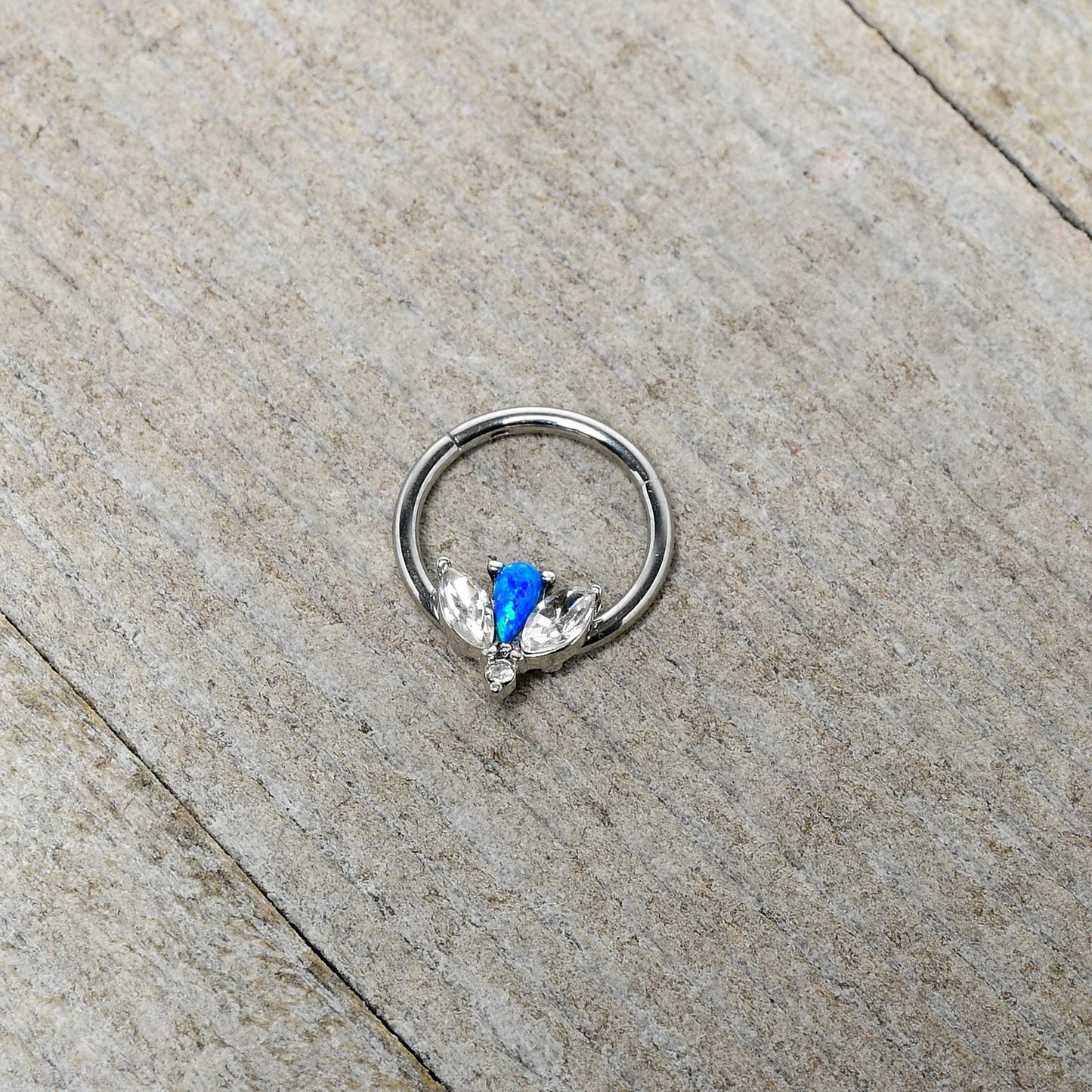 16G 3/8 Blue Faux Opal Style Flower Hinged Segment Ring