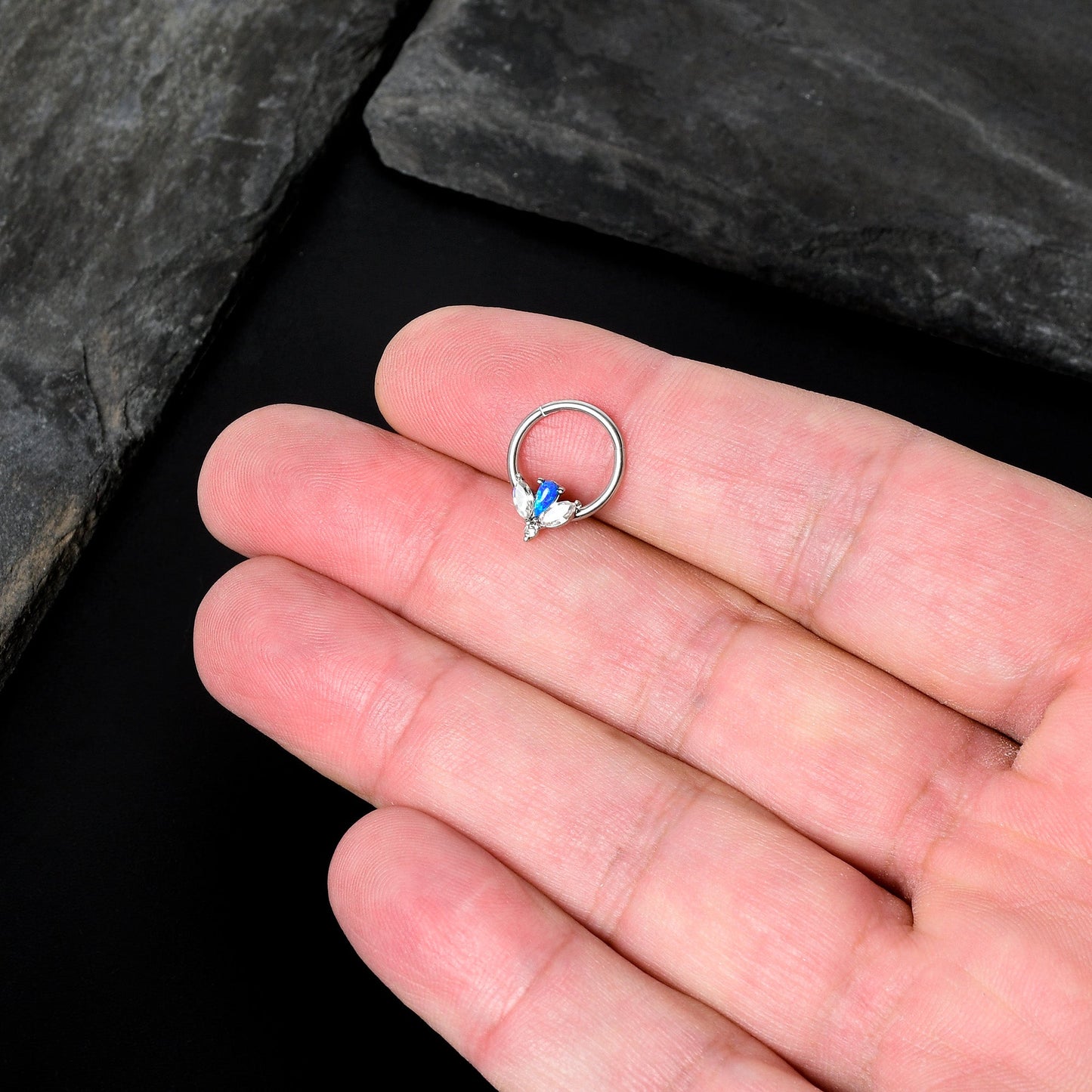 16G 3/8 Blue Faux Opal Style Flower Hinged Segment Ring